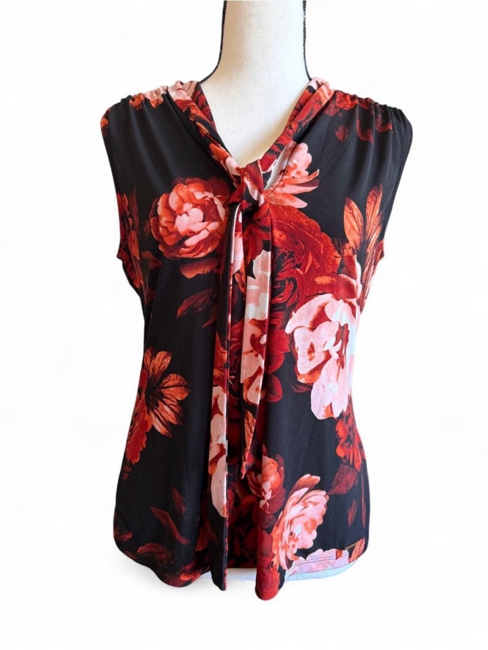 Calvin Klein Floral Tie Neck Blouse M Black Red Office Siren Sleeveless Top